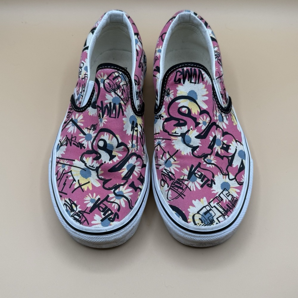 Vans Classic Slip On Pink Floral Graffiti Print Sneakers Womens Size 8